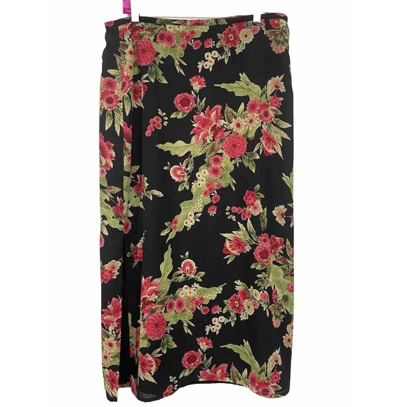 Vtg Emma James Liz Claiborne 14 XL Romantic Side Slit Black Roses Floral‎ Skirt - Picture 1 of 4